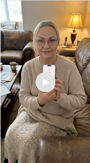 A woman sitting on a brown leather couch in a living room, holding a smartphone with a play button on the screen, in front of a beige wall with a window and a table lamp.