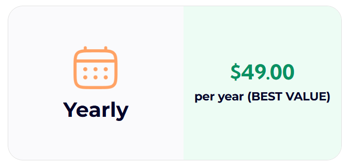 Text that reads '$49.00 per year (BEST VALUE)' with a calendar icon.