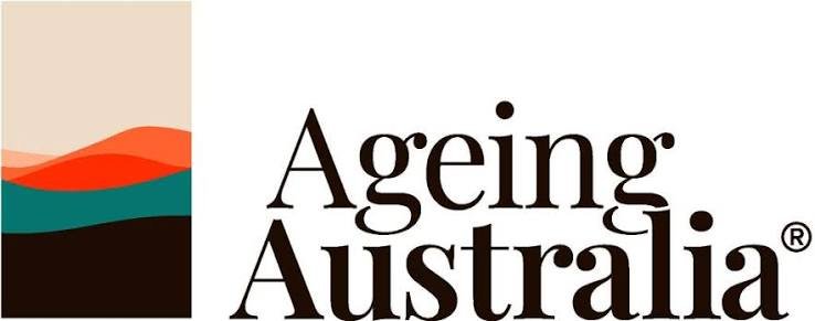 Logo for Aging Australia featuring stylized mountains and waves in beige, orange, teal, and black colors.
