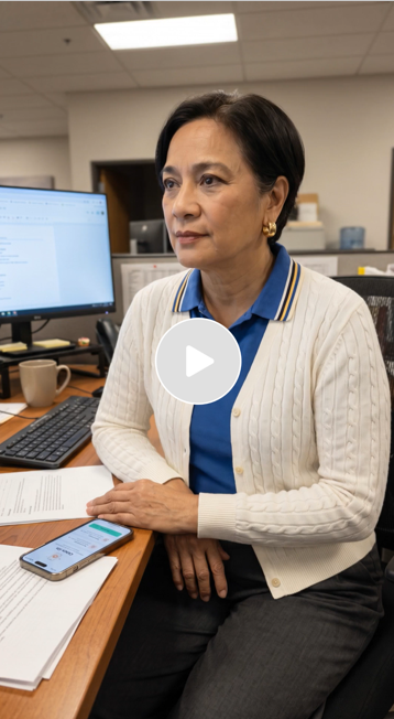 Woman sitting at a desk in an office, with a computer monitor, papers, a smartphone, and a coffee mug.