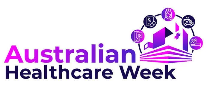Logo for Australian Healthcare Week featuring stylized medical icons and a building with purple and pink accents.