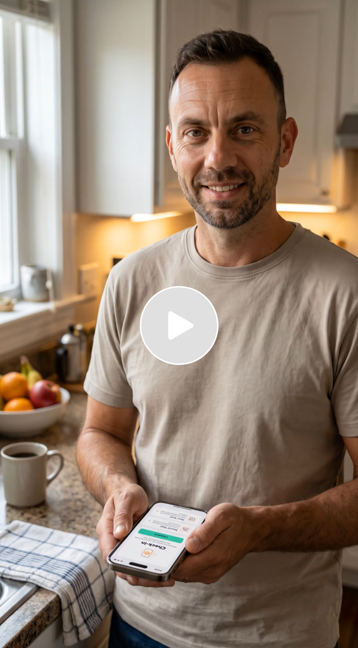 Man smiling while holding a smartphone in a kitchen with fruit and a coffee mug on the counter.