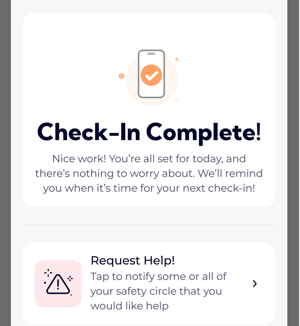 Mobile app screen with check-in confirmation message and help notification button.