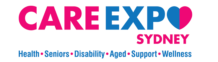 Care Expo Sydney logo with pink and blue text and a pink heart, featuring keywords: health, seniors, disability, aged, support, wellness.