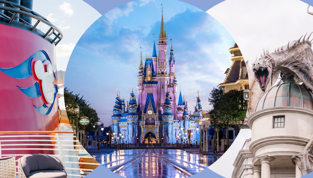 Central Disney castle with bright, pastel colors, surrounded by themed structures like a pink boat and a winged dragon sculpture.