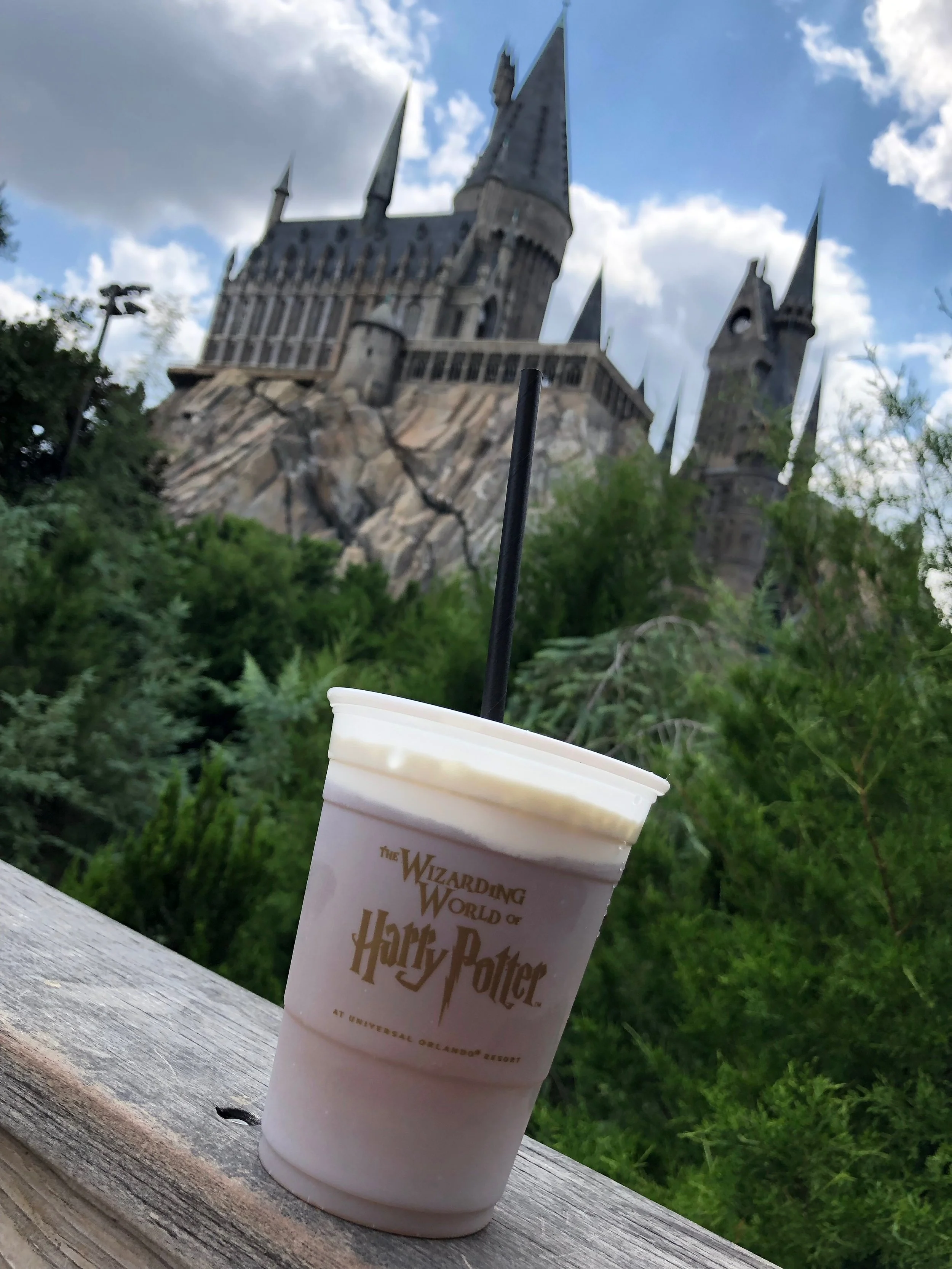A Harry Potter themed paper cup with a straw sitting on a wooden surface, with a large castle in the background and a partly cloudy sky.
