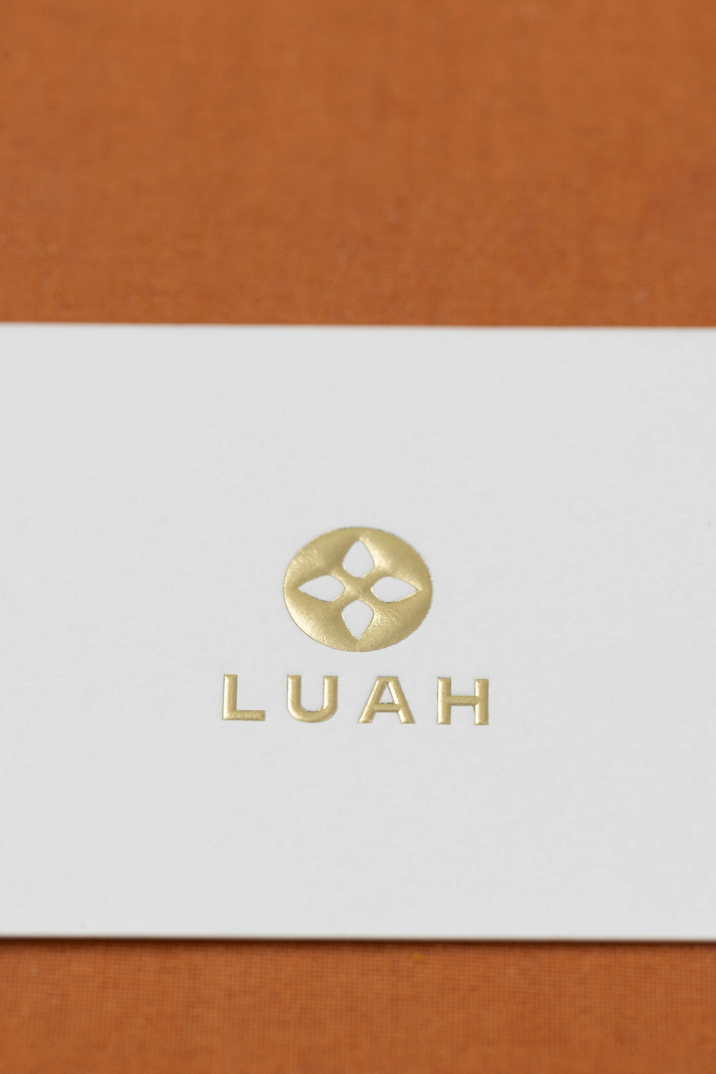 Close-up of a gold emblem with the word 'LUAH' and a logo above it, on a white surface, with orange edges visible.