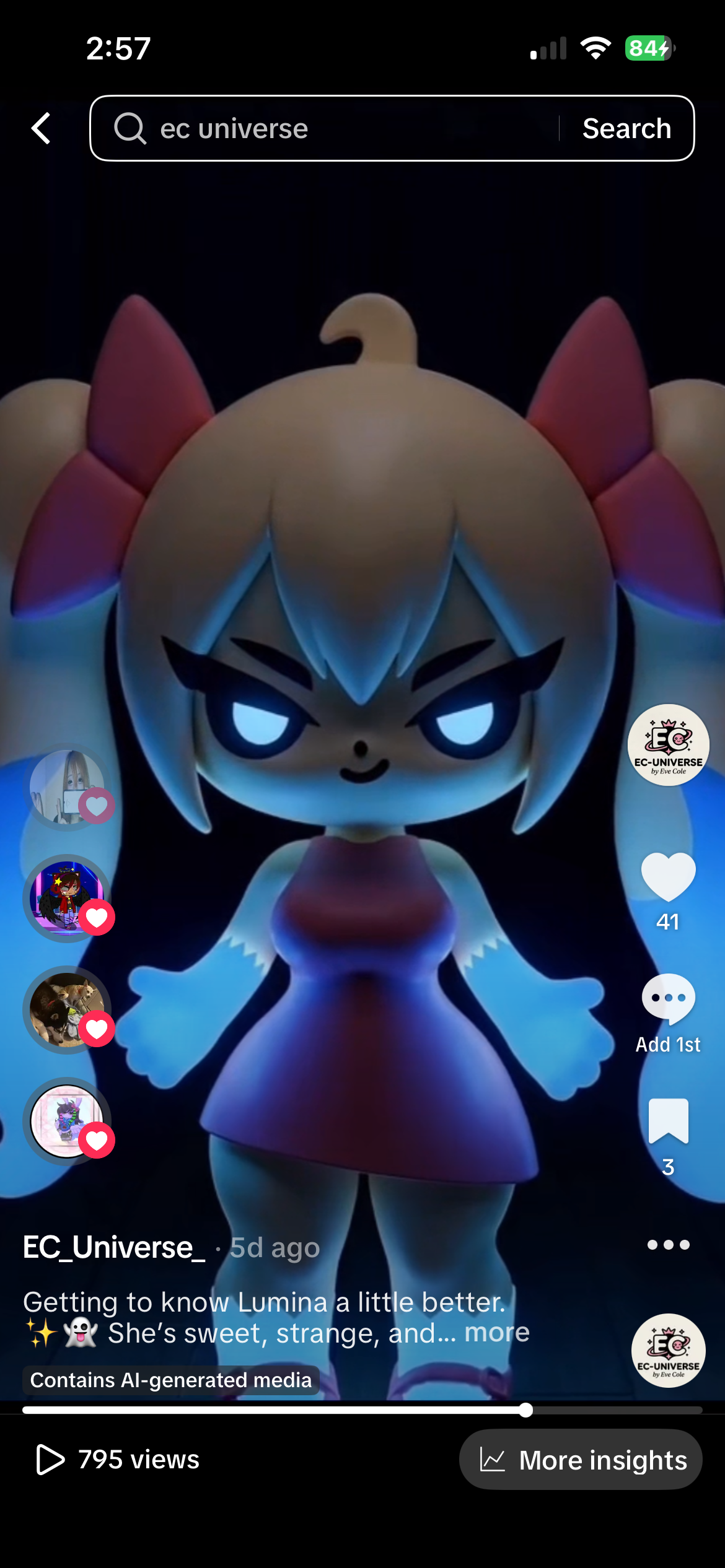 A glowing, cartoonish female character with large blue eyes, light-colored hair with pink bows, a pink dress, and a confident expression, set against a dark background.