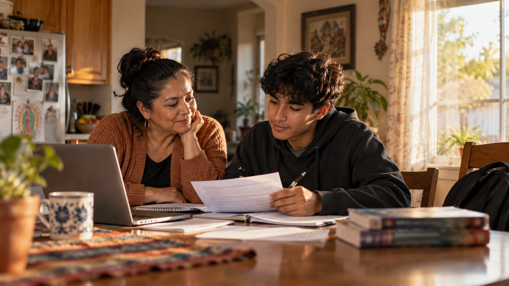 A woman and a young man sitting at a wooden dining table, reviewing paperwork together in a sunlit kitchen.
