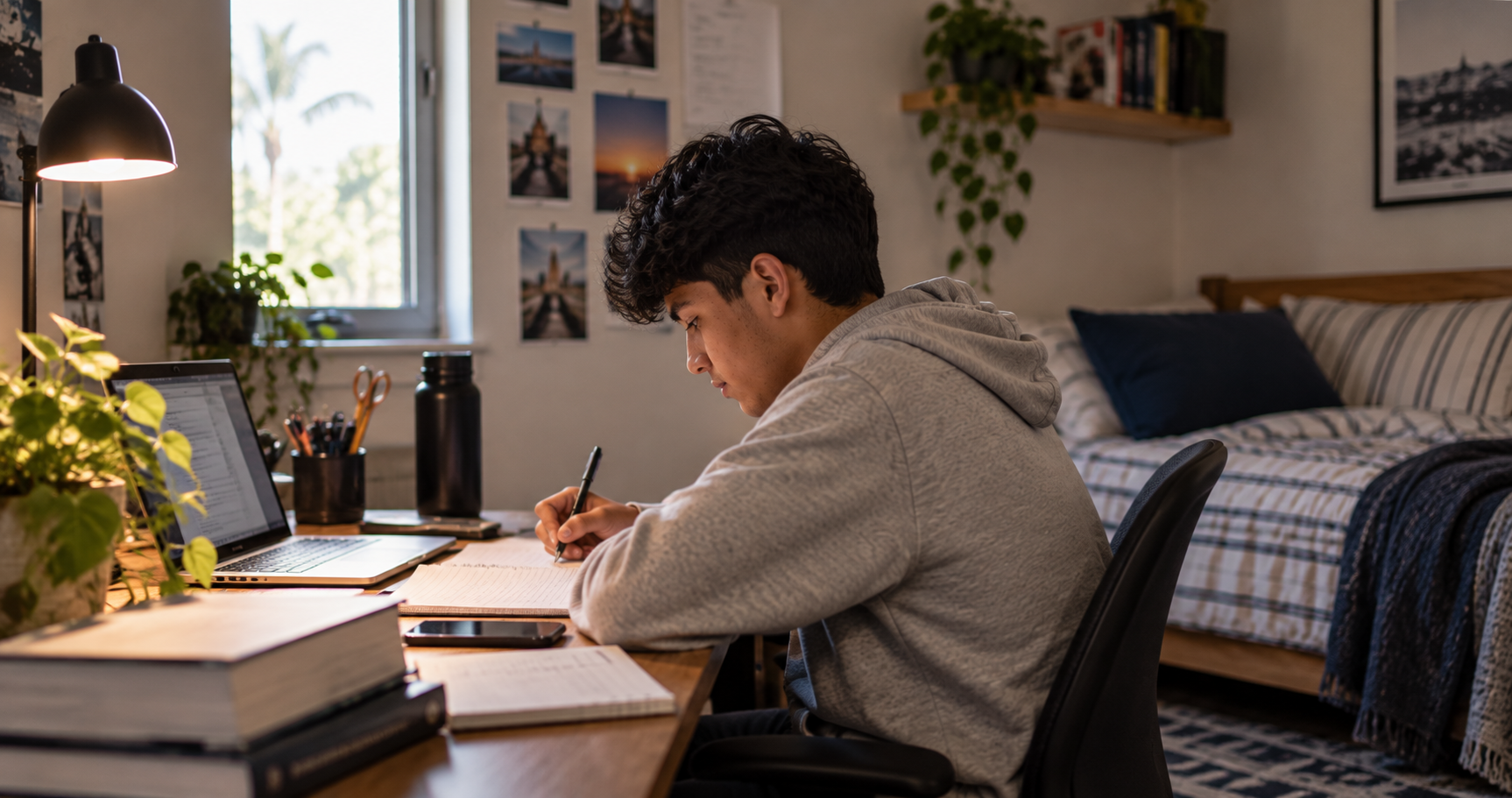 Young man studying or working at a desk in a well-lit bedroom, surrounded by books, plants, and photographs on the wall.