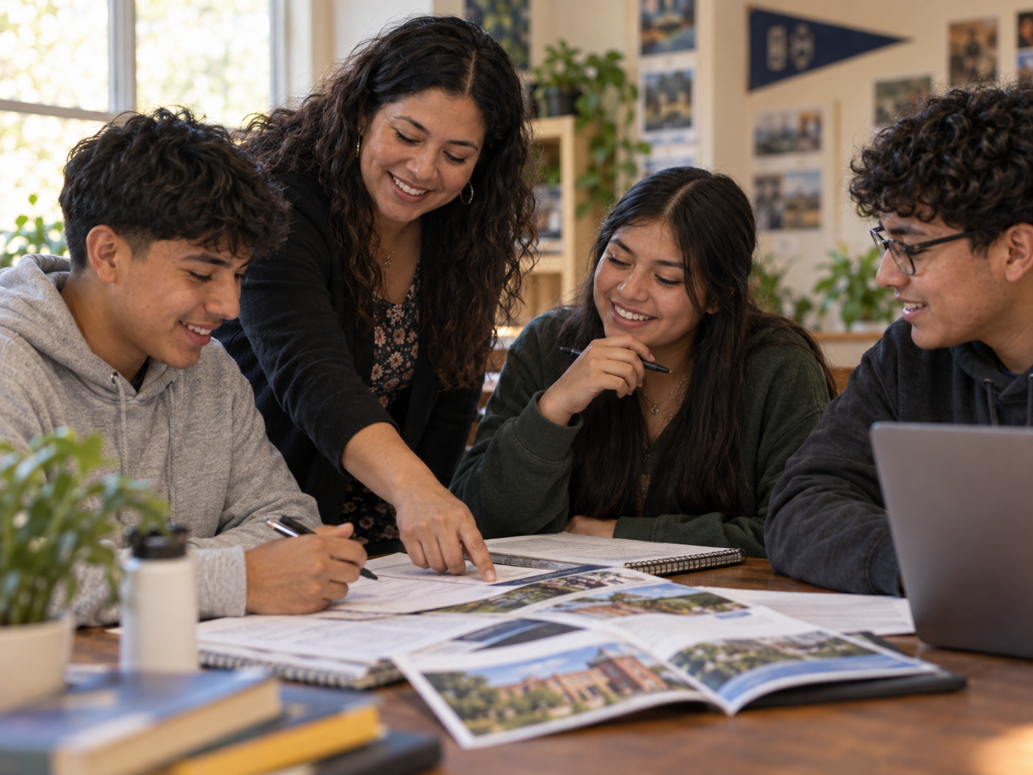 Teacher teaching students in a classroom, looking at magazines on the table.