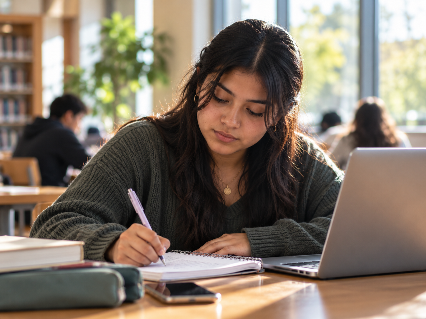 A young woman studying with a notebook, pen, laptop, and phone at a wooden desk in a library with large windows and other students in the background.