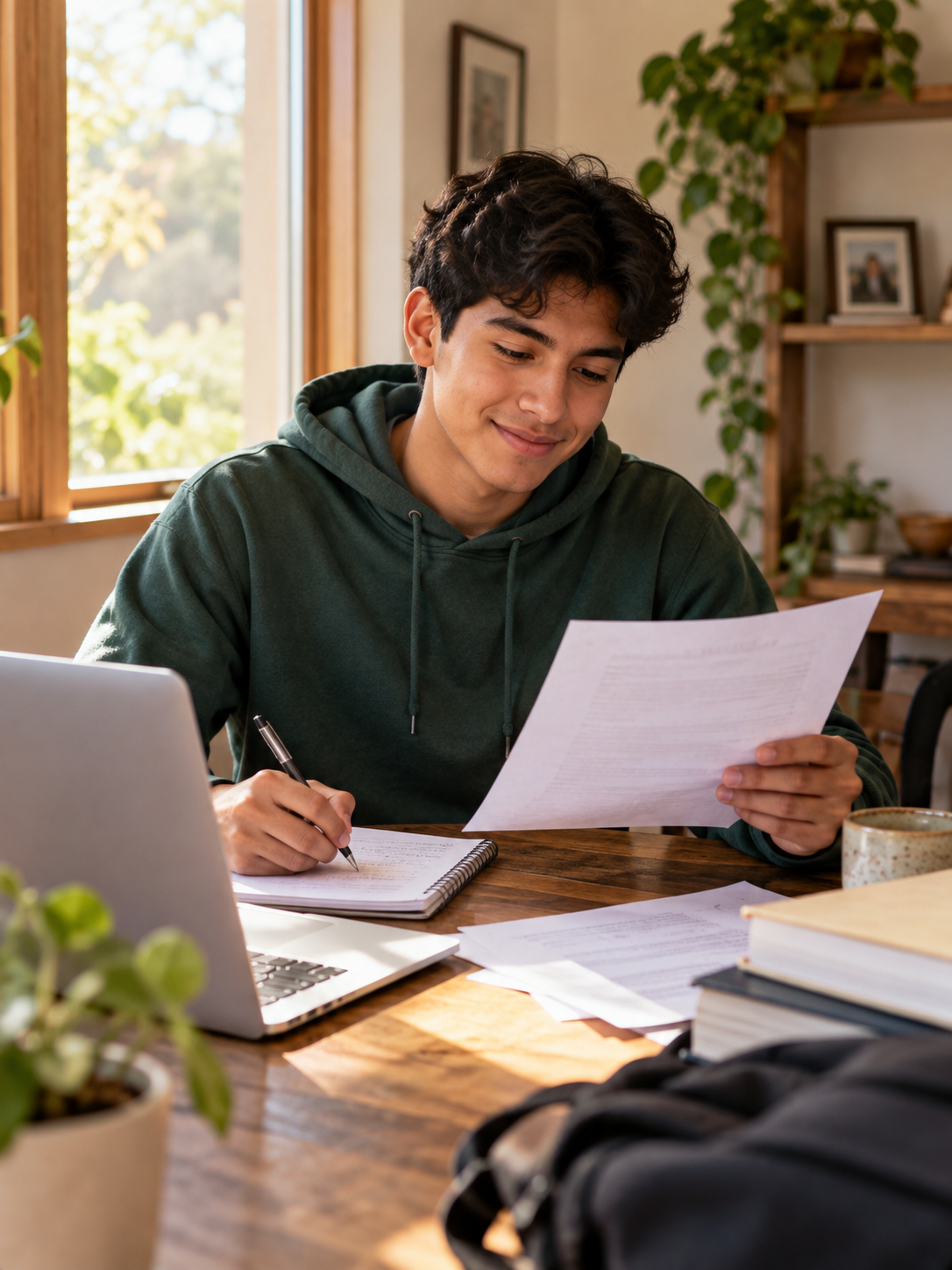 A young man in a green hoodie studying at a wooden table with papers, a laptop, a notebook, a pen, and a backpack in a sunlit room.