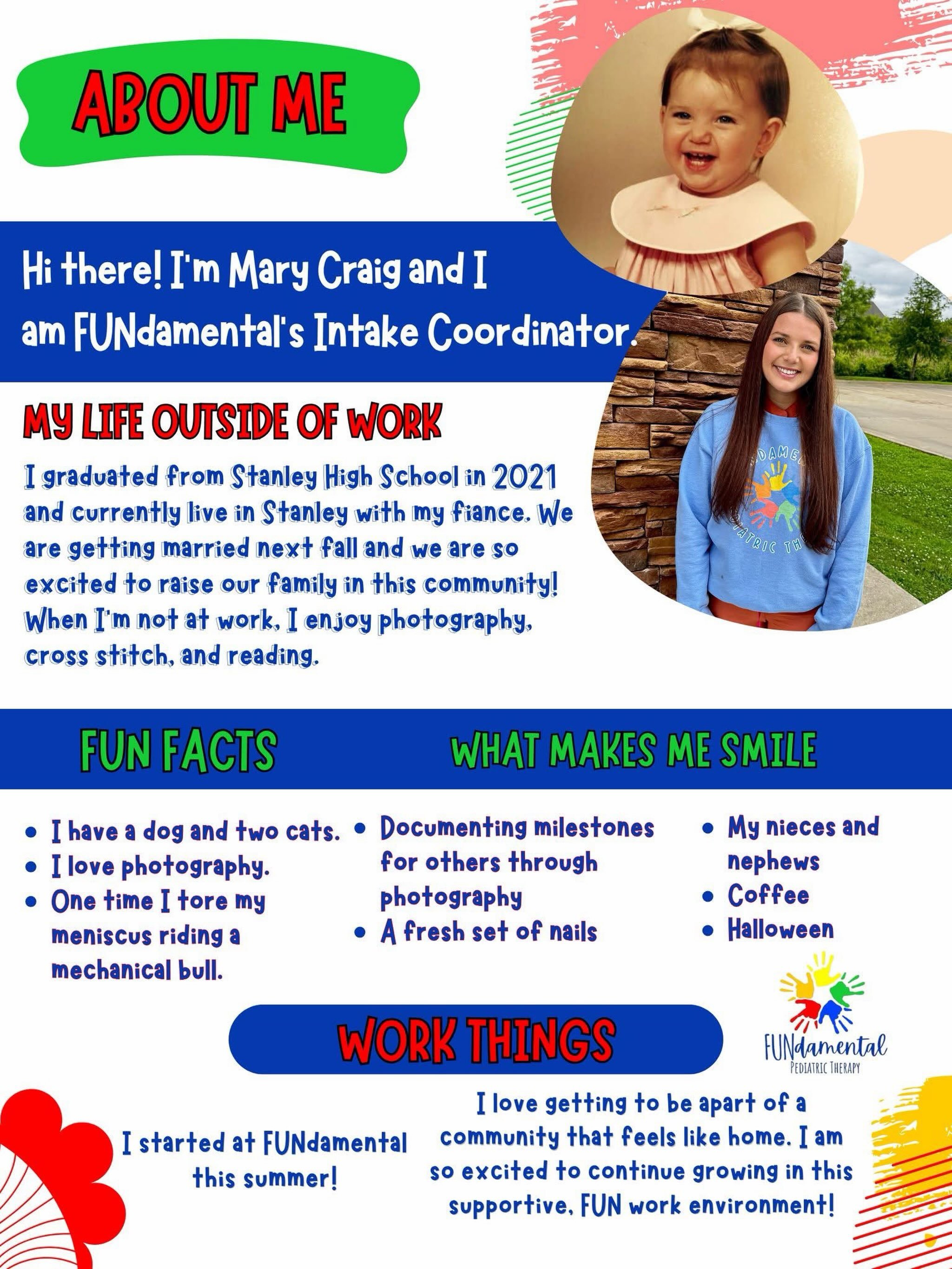 ☀️We have been busy, busy this summer with growth all around. 

🤩We are so excited to formally introduce Miss (Soon to be MRS.) Mary Craig!!

✍️She joined our administrative team this summer to take over all things INTAKE, so we are able to support 