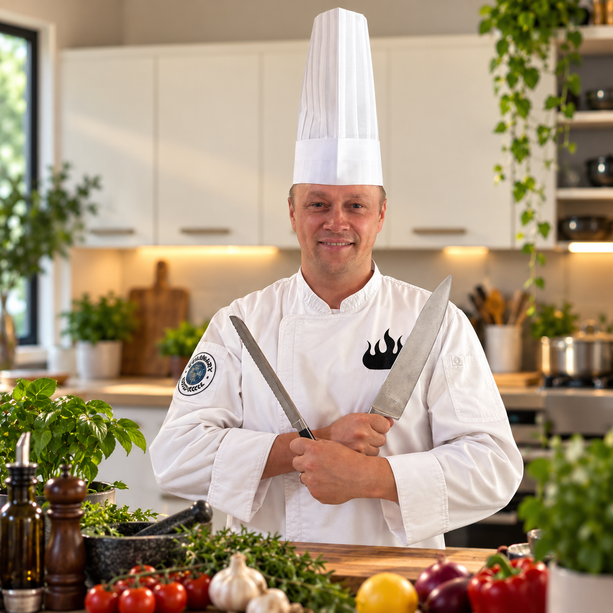 Chef Christian Meinhardt in chef uniform in a homestyle kitchen.