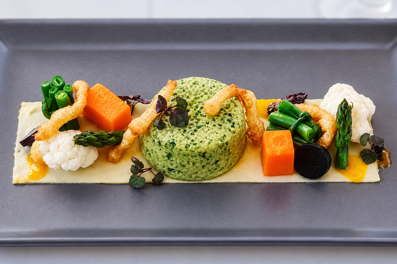 Wild garlic flan on potato mousseline, with enoki tempura, garden vegetable and balsamic gel.