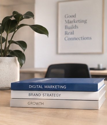 Drei Bücher zum Thema Marketing und Wachstum auf einem Tisch