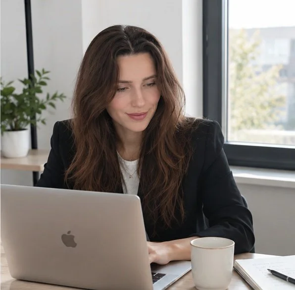 Junge Frau arbeitet am Laptop in einem Büro, mit einer Tasse und Notizbuch auf dem Tisch.