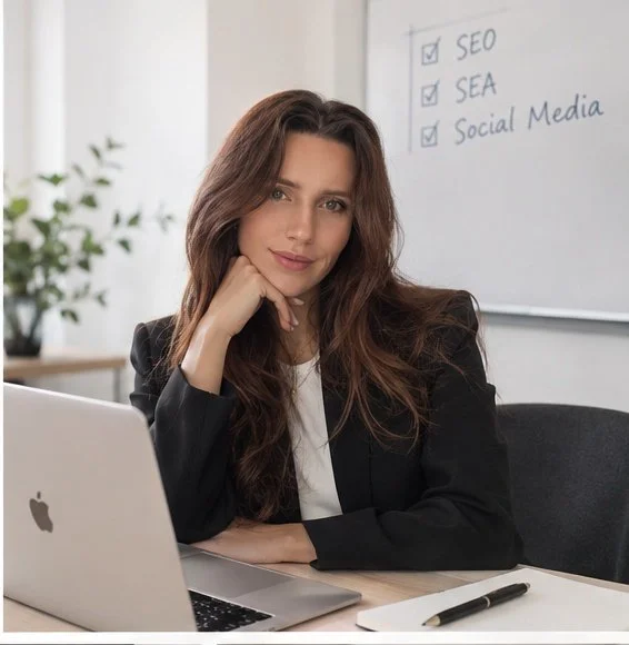 Frau sitzt an einem Tisch im Büro mit einem Laptop und einem Whiteboard im Hintergrund, auf dem 'SEO', 'SEA' und 'Social Media' abgehakt sind.