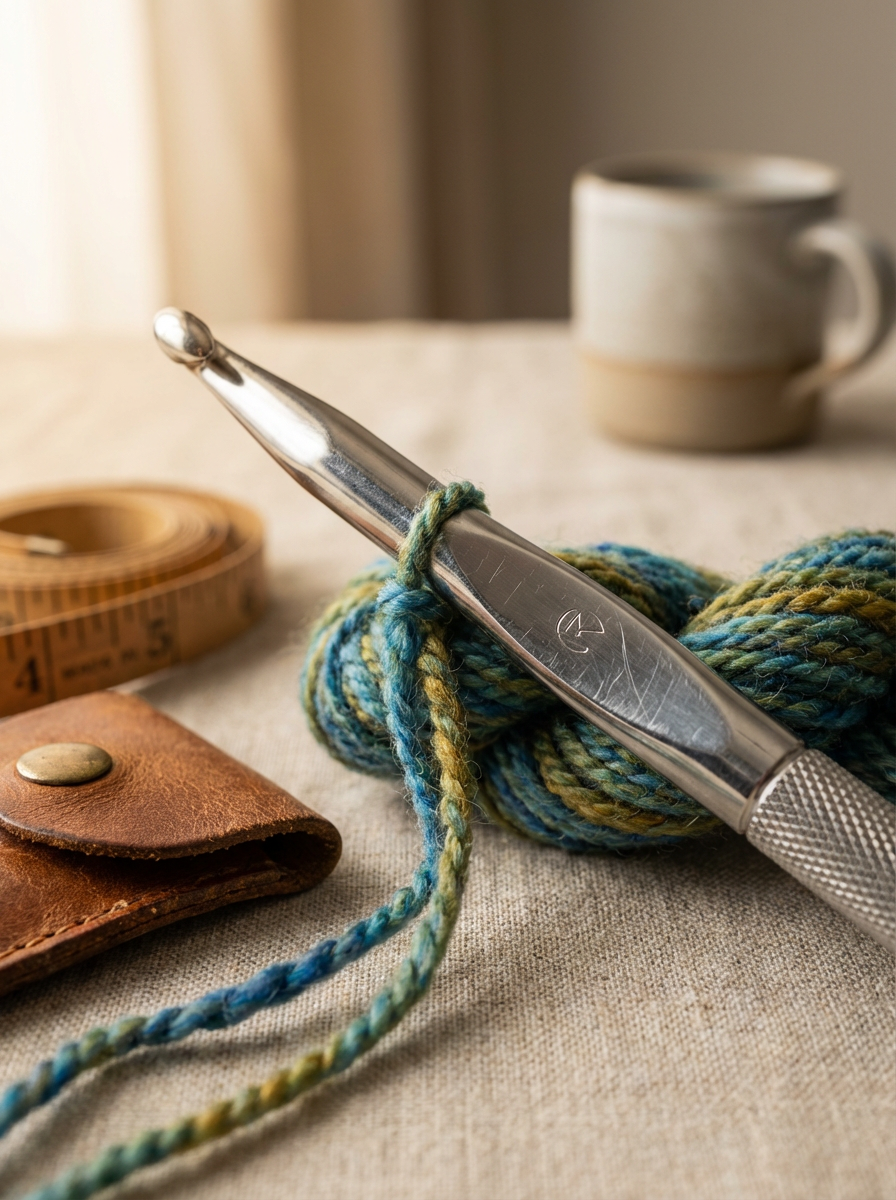 A ball of multicolored yarn with a silver crochet hook inserted, a leather wallet, a measuring tape, and a mug in the background on a table.