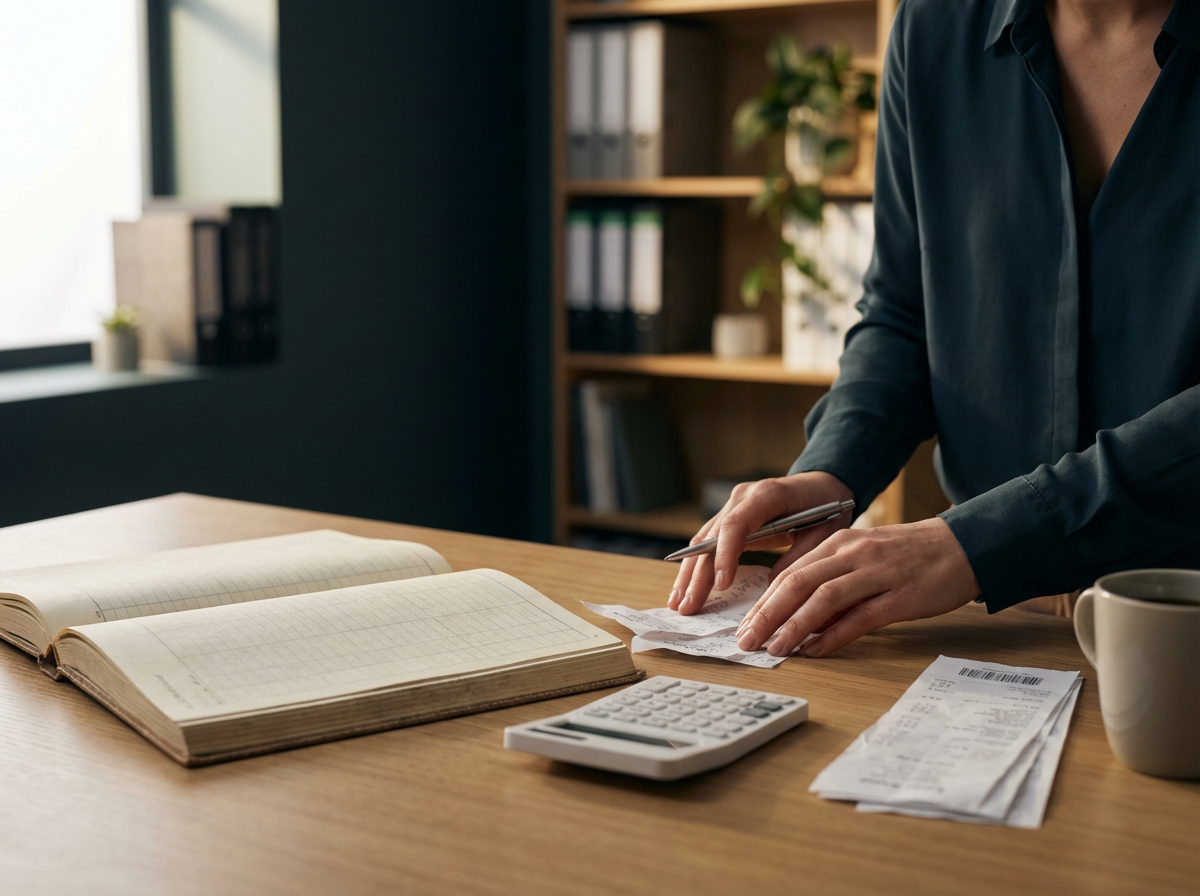 Person in a dark shirt handling receipts and a calculator on a wooden desk, with an open notebook, a coffee mug, and a window in the background.