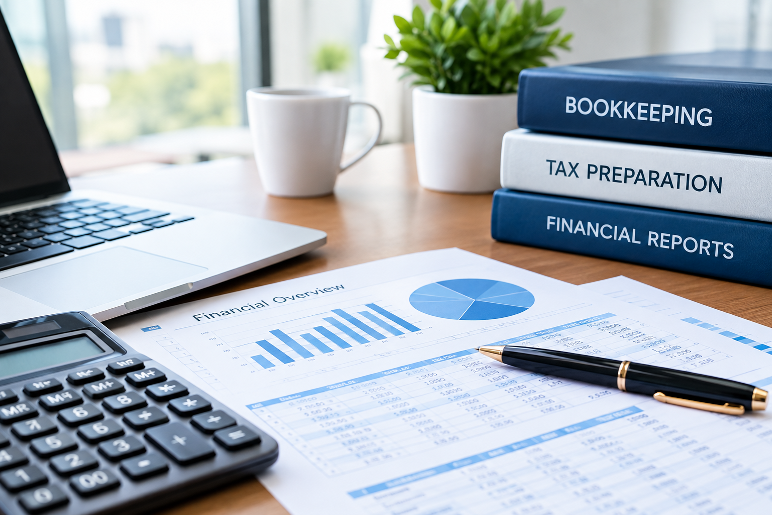 Desk with financial documents, a calculator, a pen, a laptop, a coffee mug, a potted plant, and three stacked binders labeled 'Bookkeeping', 'Tax Preparation', and 'Financial Reports'.