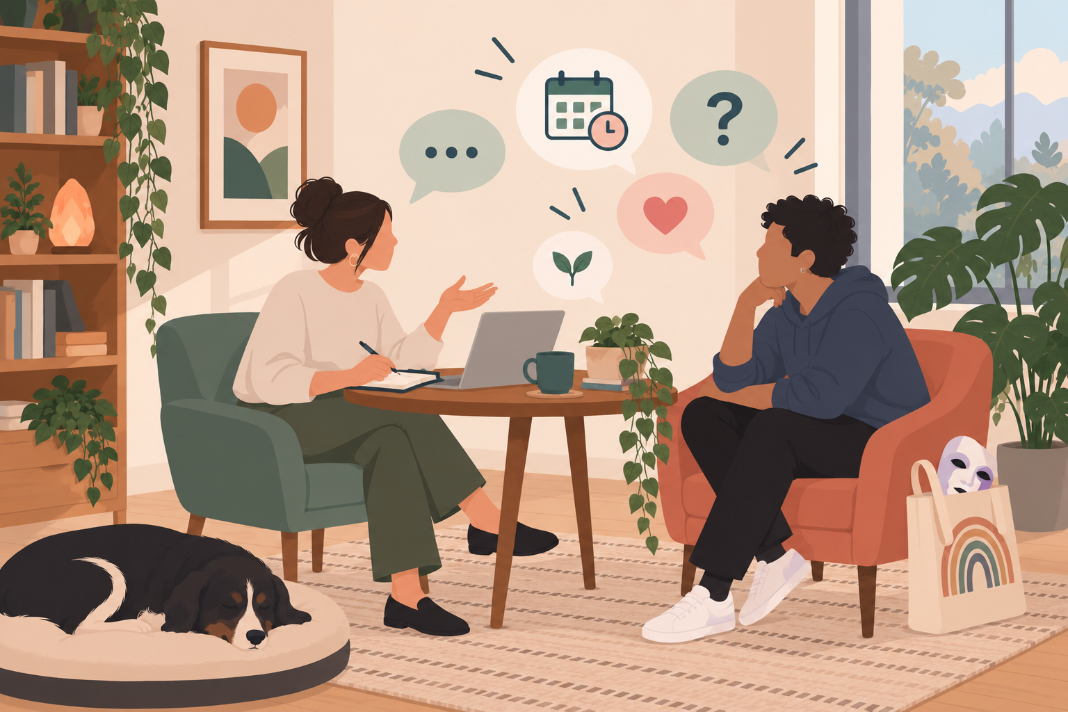 Two women having a conversation in a cozy, plant-filled living room. One woman is seated at a table with a laptop and notepad, gesturing with her hand. The other woman is sitting on an orange chair, listening thoughtfully. A dog is sleeping on a bed nearby, and a tote bag containing art supplies sits on the floor. The room has large windows with a view of trees and clouds outside.