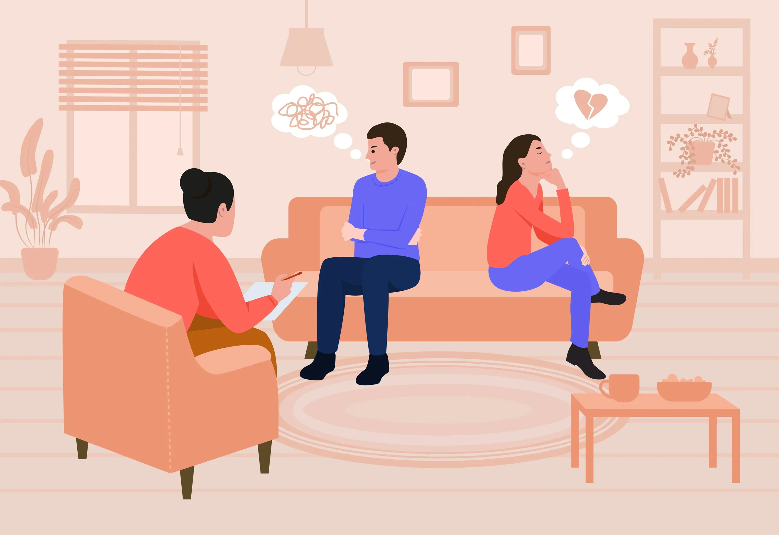 An illustration of a therapy session with three people in a living room. A woman with dark hair in a bun wears an orange shirt, sits on a small orange armchair, and holds a notepad. A man with short dark hair, wearing a blue shirt and dark pants, sits on a sofa with his arms crossed, looking away. A woman with long dark hair, wearing a red shirt and jeans, sits on the sofa with her hand on her chin, thinking about a broken heart.