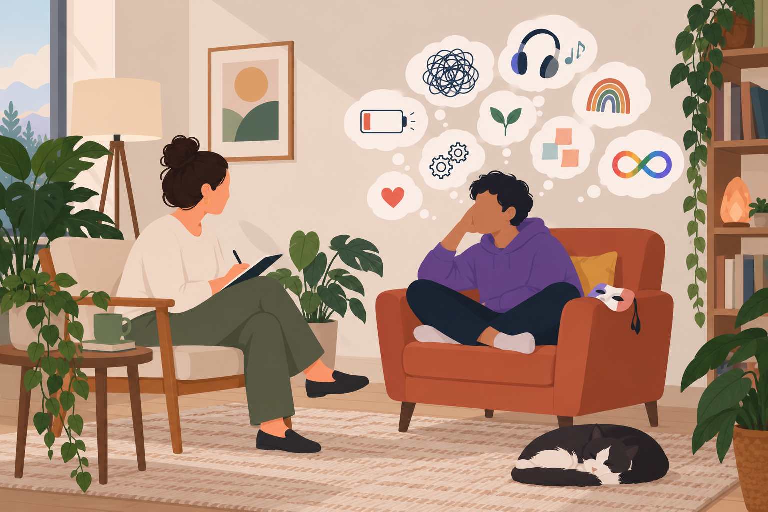 A woman and a man sitting in a cozy living room with plants, a framed picture, and bookshelves. The woman is taking notes, and the man is looking thoughtful with thought bubbles above his head indicating thoughts about energy, music, plants, and infinity.