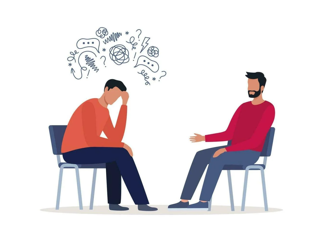 A person with a worried or stressed expression sitting in a chair, with thought bubbles containing scribbles, question marks, and symbols above their head. A therapist or counselor sits across, calmly extending a hand for support.