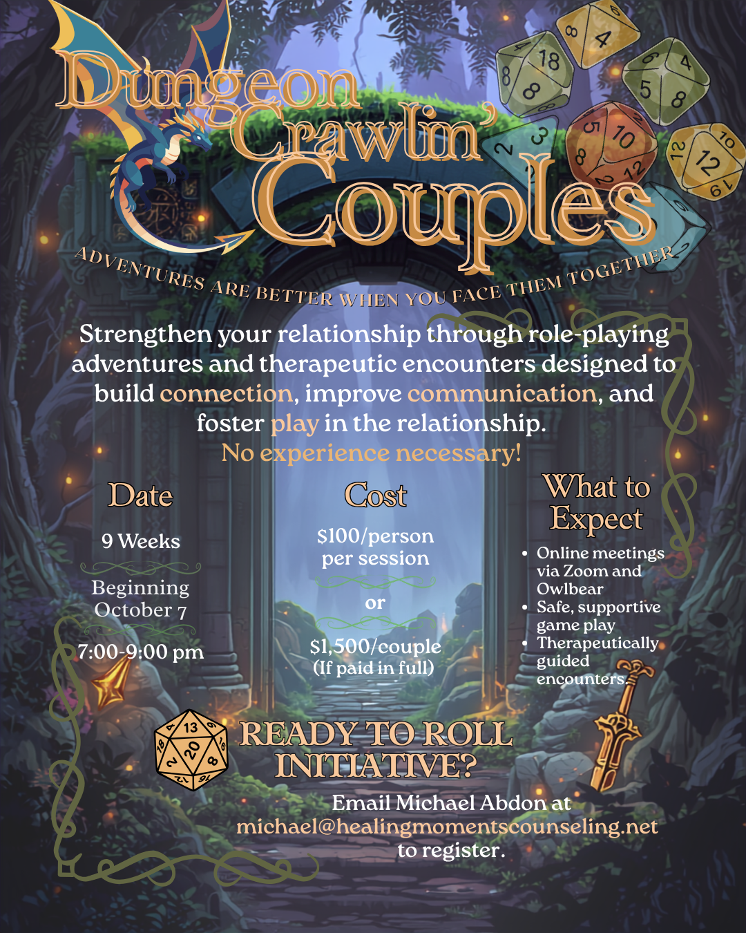 Fantasy-themed promotional poster for 'Dungeon Crawlin' Couples' therapy sessions. The background shows a magical portal in a forest with glowing lanterns, surrounded by trees and vines. The poster features a dragon wrapping around the title, various colorful dice, and a sword icon. The text describes the therapy's benefits, schedule, costs, and registration details.