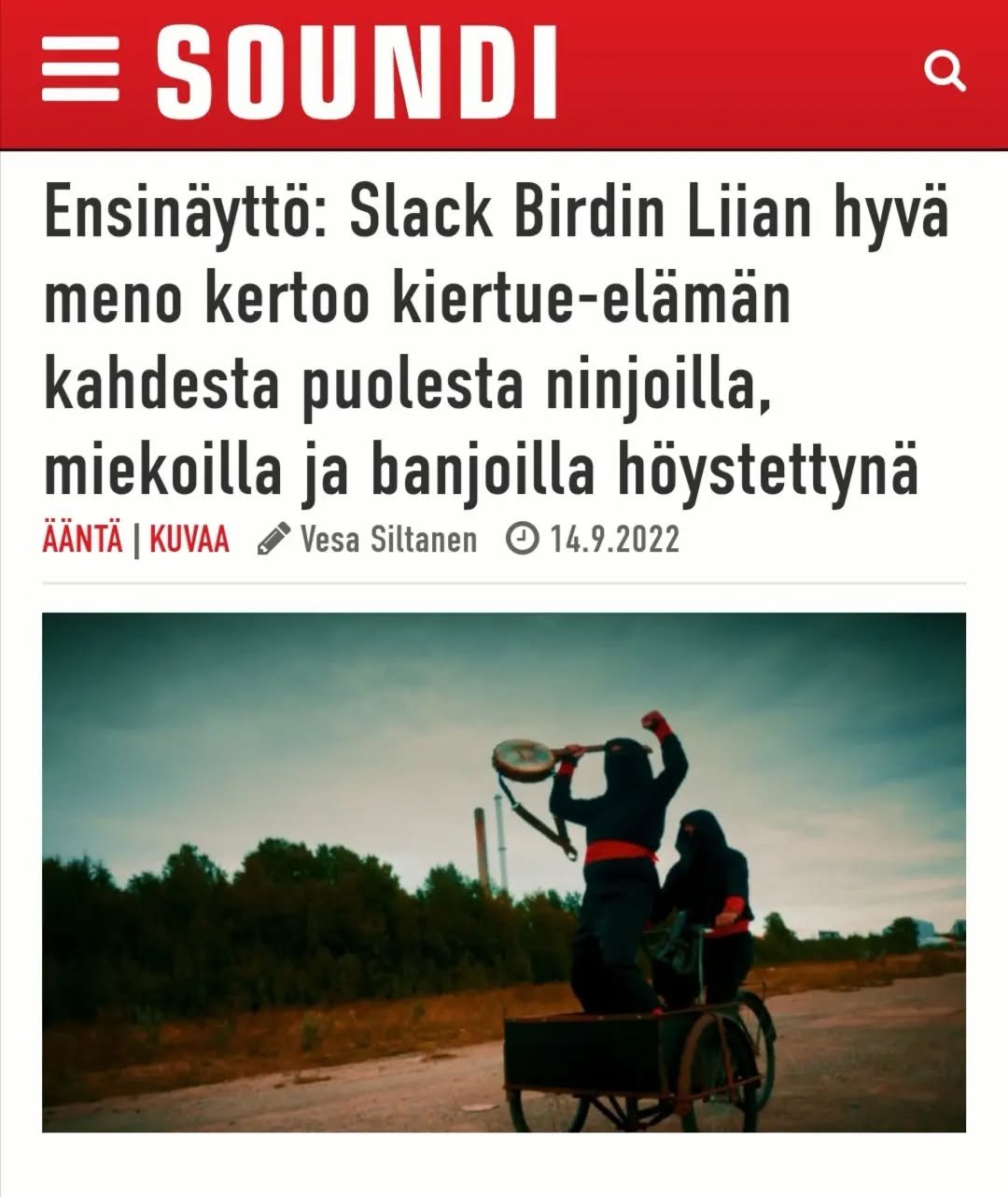 Kuvattiin @slackbirdpunx kanssa ninjailua ja banjoilua musavideon muotoon on the road - meiningill&auml; 😎 Voi k&auml;yd&auml; kurkkaamassa ensin&auml;yt&ouml;ss&auml; @soundilehti
 https://www.soundi.fi/uutiset/ensinaytto-slack-birdin-liian-hyva-me