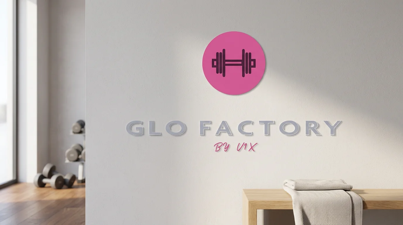 Interior of a fitness or gym studio with the logo 'GLO FACTORY BY VIX' on the wall, a pink circle with a barbell icon, and a wooden bench with folded towels.