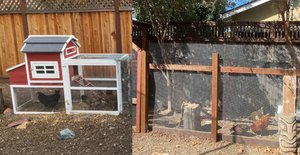 Red backyard chicken coop with an attached run