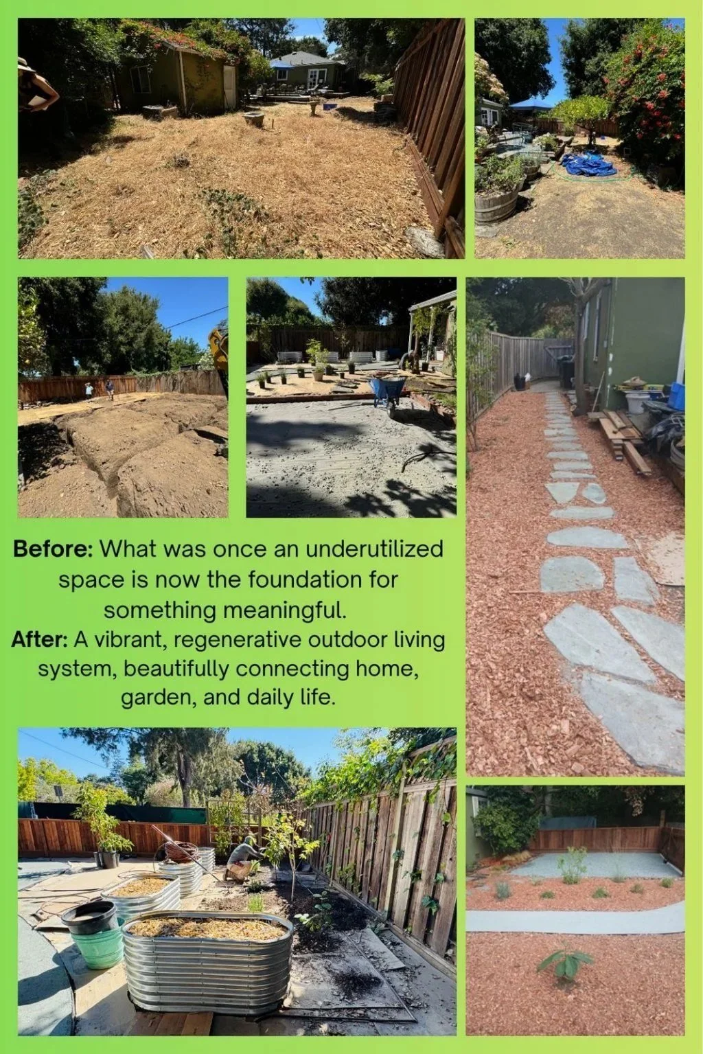 Before and after: a dry, underused yard turned into raised beds and a stone path, South Bay.