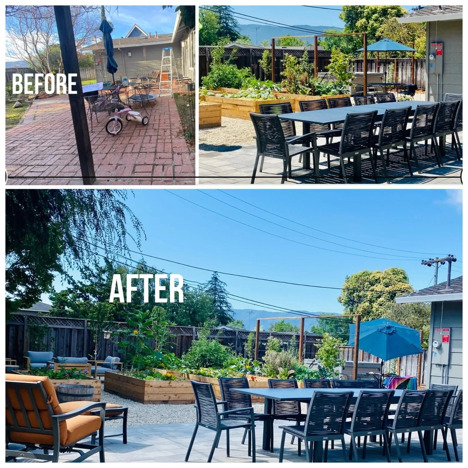 Before and after: a brick patio turned into an edible garden with an outdoor dining patio, San José.