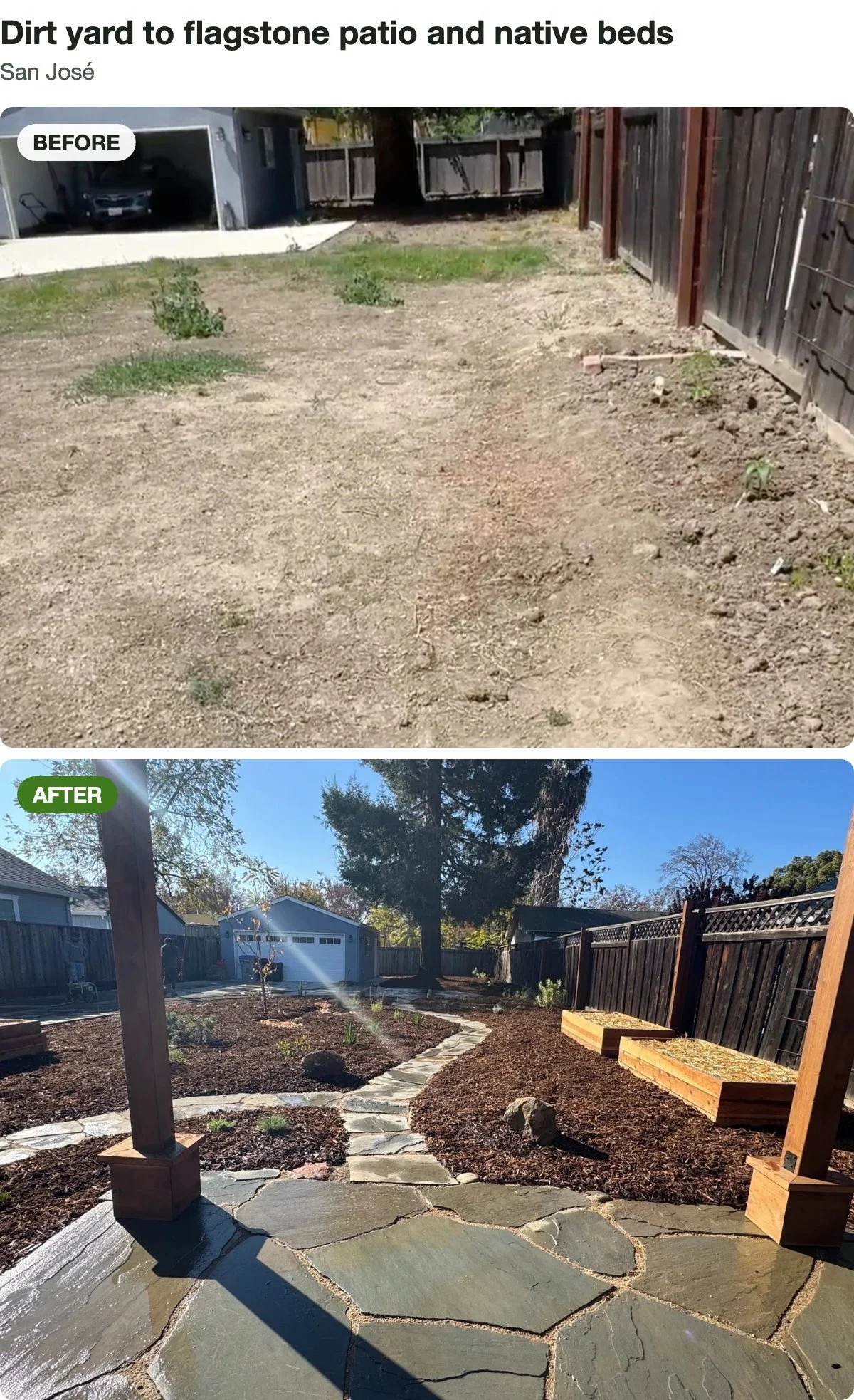 Before and after: compacted dirt turned into a flagstone patio framed by native planting beds, San José.
