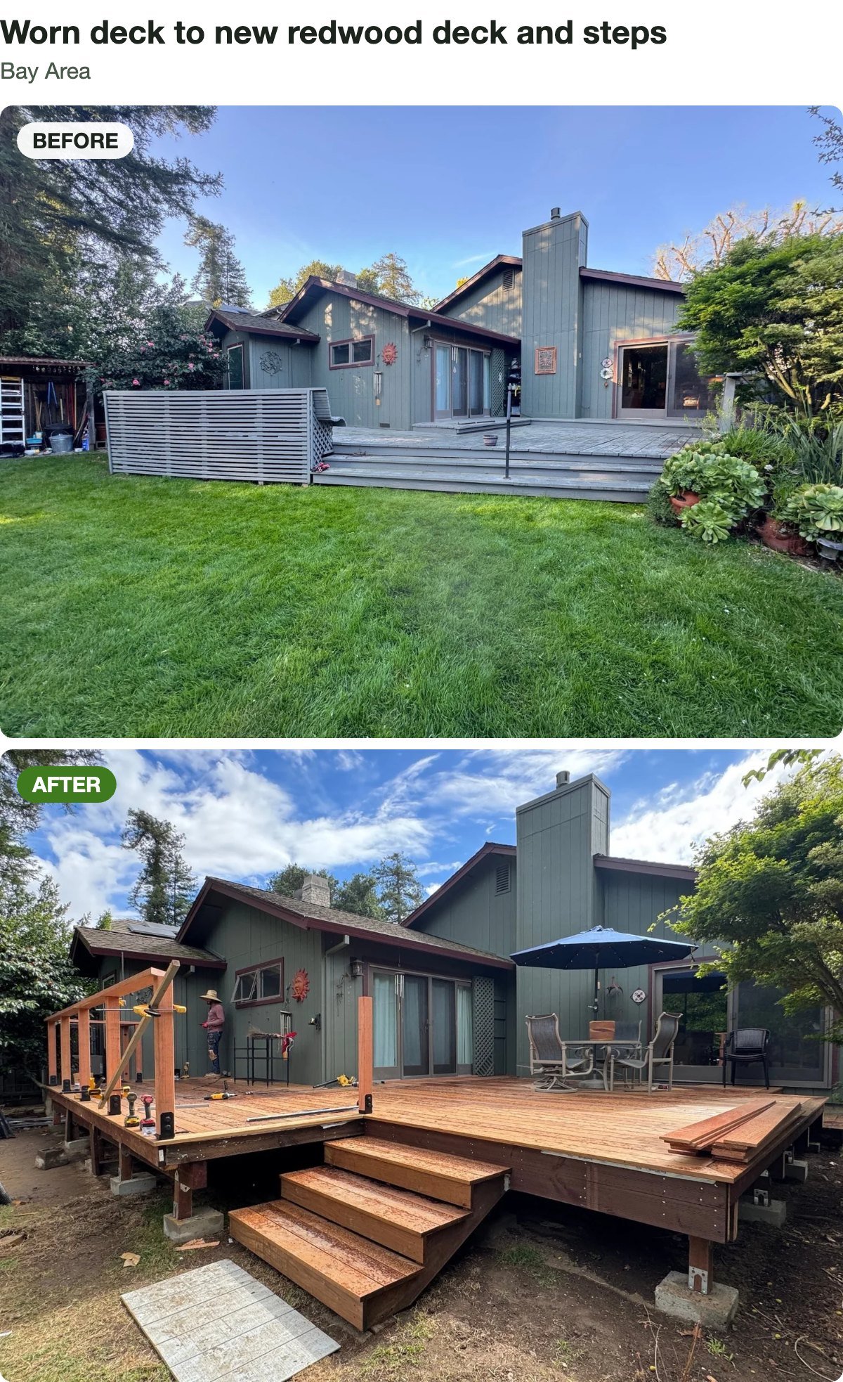 Before and after: a worn deck rebuilt in redwood with wide steps down to the yard, Bay Area.