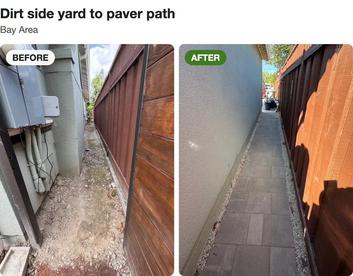 Before and after: a narrow, muddy side yard turned into a clean, walkable paver path, Bay Area.