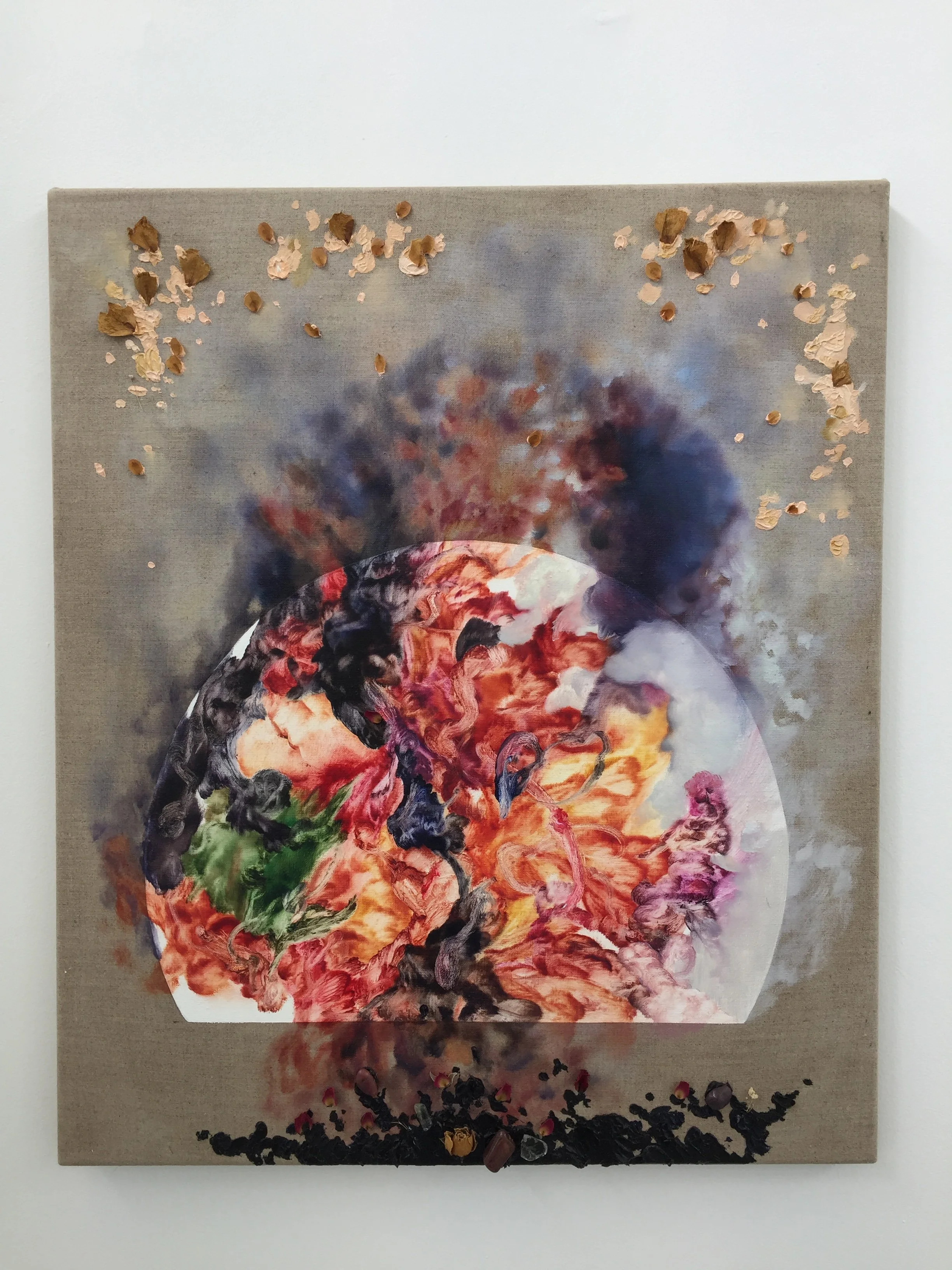 'Alchemy', oil, dried petals and gemstones on linen, 2018