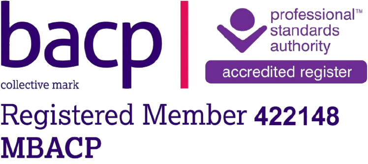BACP logo with text indicating it is a professional, standards, and authority organization; includes a purple icon of a person with arms raised, a badge with 'certified register', and text stating 'Registered Member 422148 MBACP'.