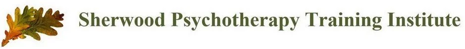 Logo of Sherwood Psychotherapy Training Institute with green text and an illustration of a brownish-green leaf.