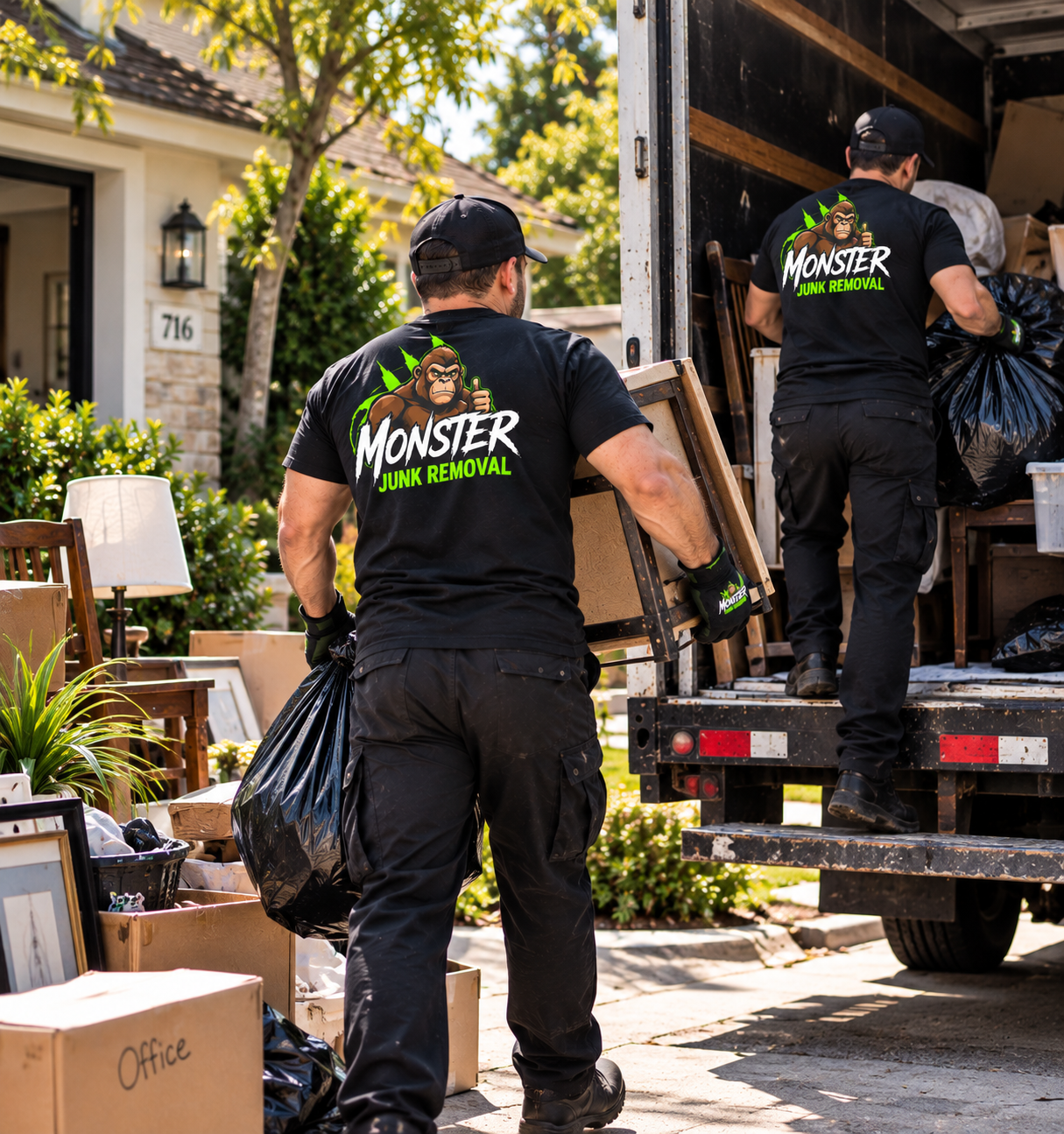 Two workers wearing black shirts with a monster logo and green text that reads "Monster Junk Removal" load furniture into a truck in front of a house with various boxes and plants outside.