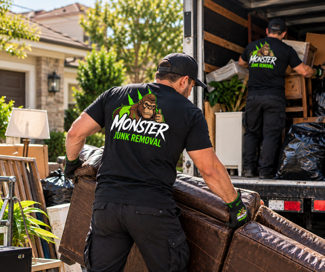 Two workers wearing black shirts with a gorilla logo and the words 'Monster Junk Removal' are loading furniture into a moving truck outside a house.