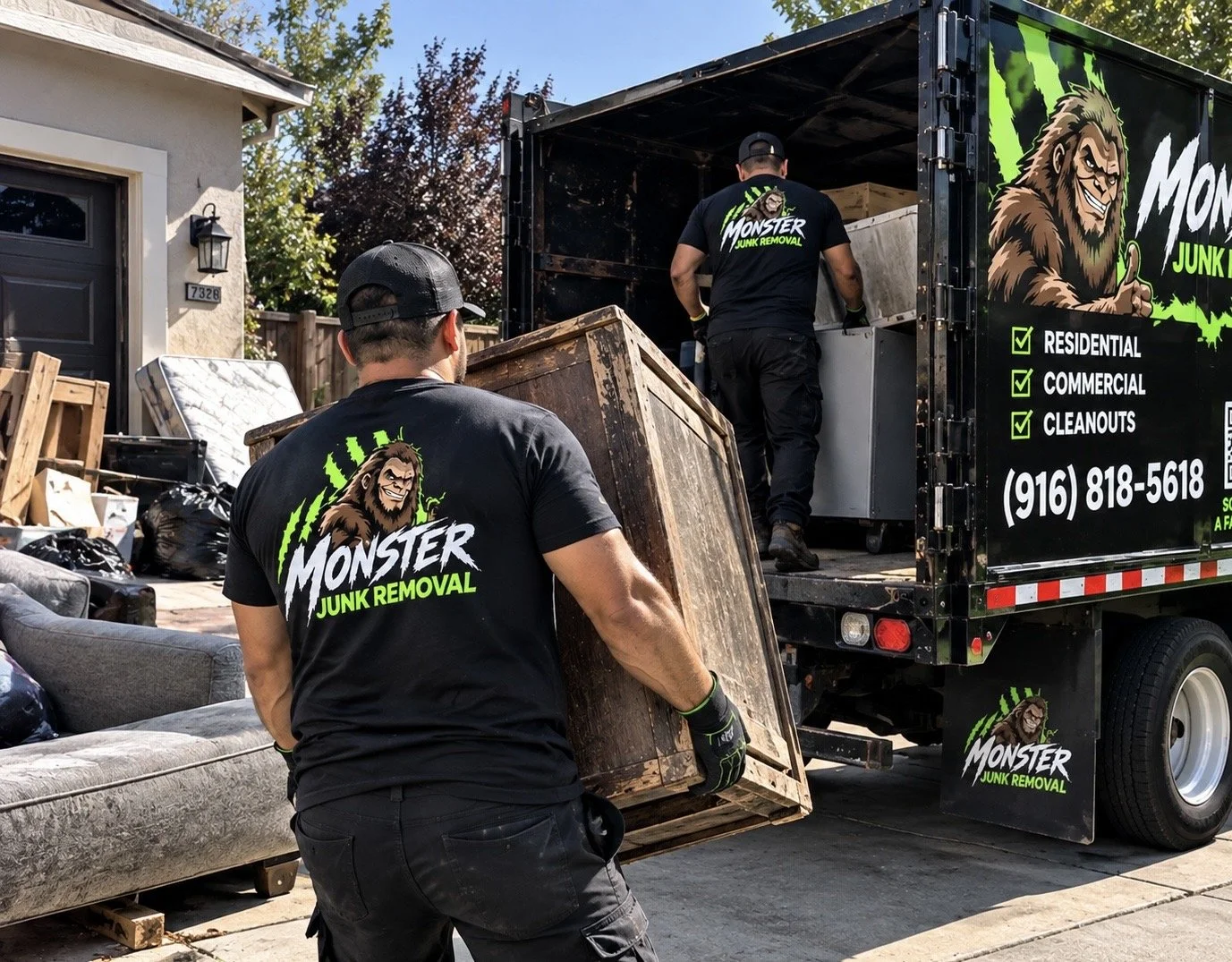 Two men loading furniture and trash into a truck with Monster Junk Removal branding. One man is carrying a wooden cabinet, and both are wearing black shirts and caps with the company logo. The truck is parked in a residential driveway with a house, trees, and disassembled furniture nearby.
