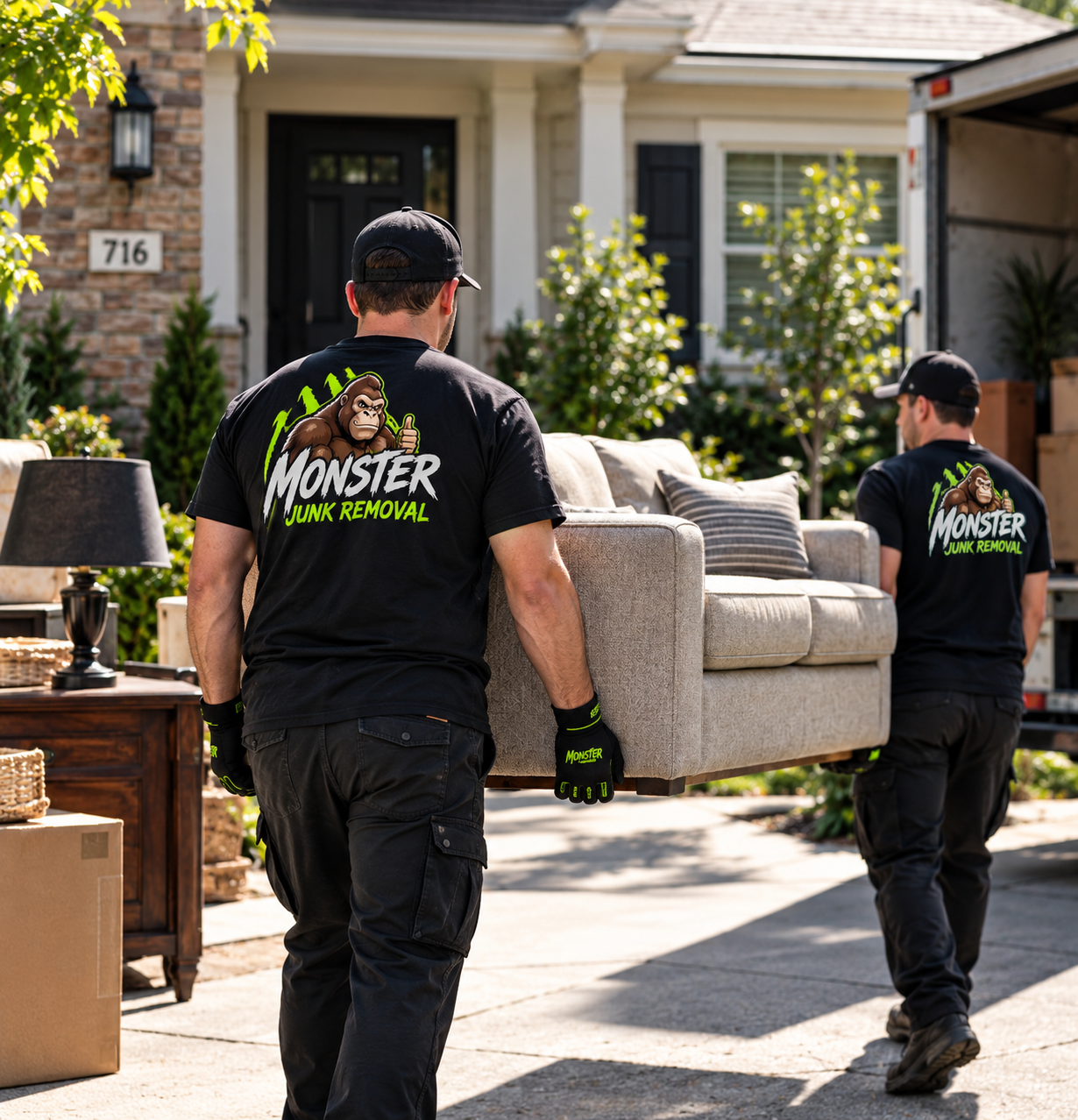 Two furniture movers in black uniforms with 'Monster Junk Removal' logos carry a beige sofa to a moving truck outside a house with a brick and white exterior.