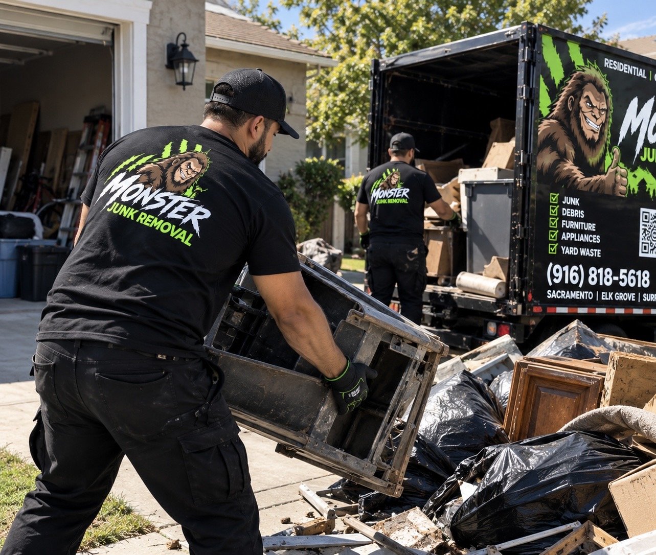 Men wearing black t-shirts with 'Monster Junk Removal' logo loading trash into a truck in a residential driveway