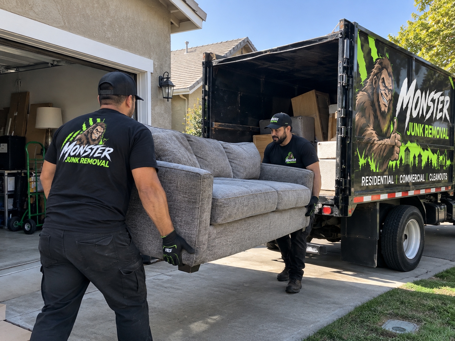 Two workers loading a sofa into a junk removal truck labeled 'Monster Junk Removal' parked in a driveway in front of a house.