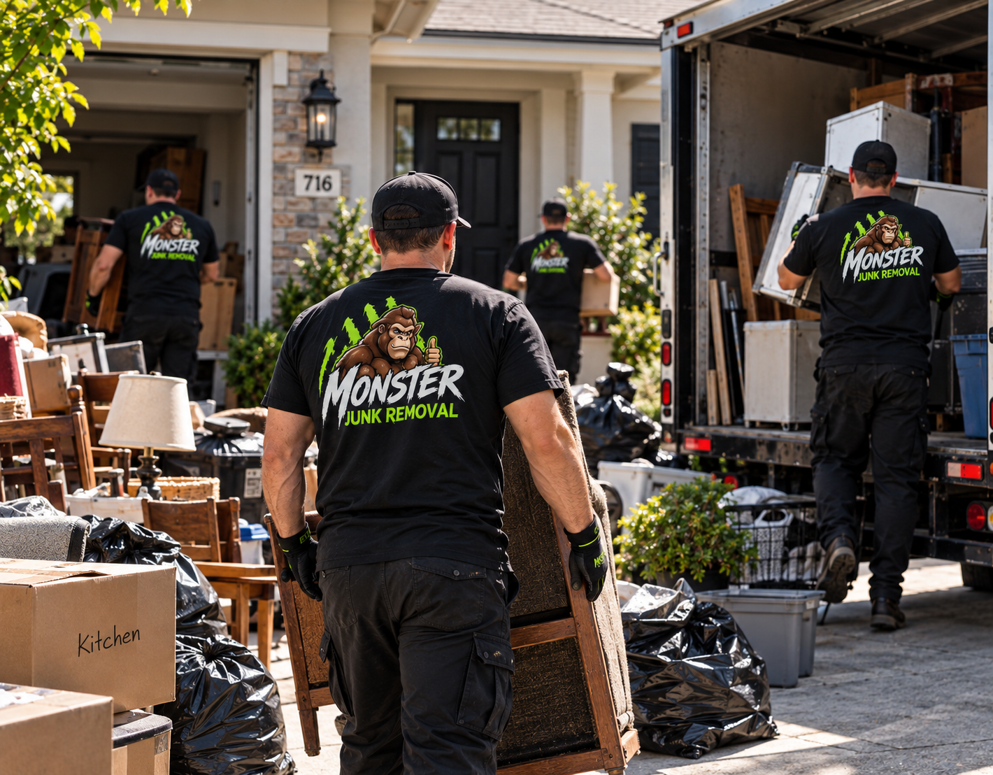 Junk removal crew unloading furniture and boxes from a truck in front of a house.