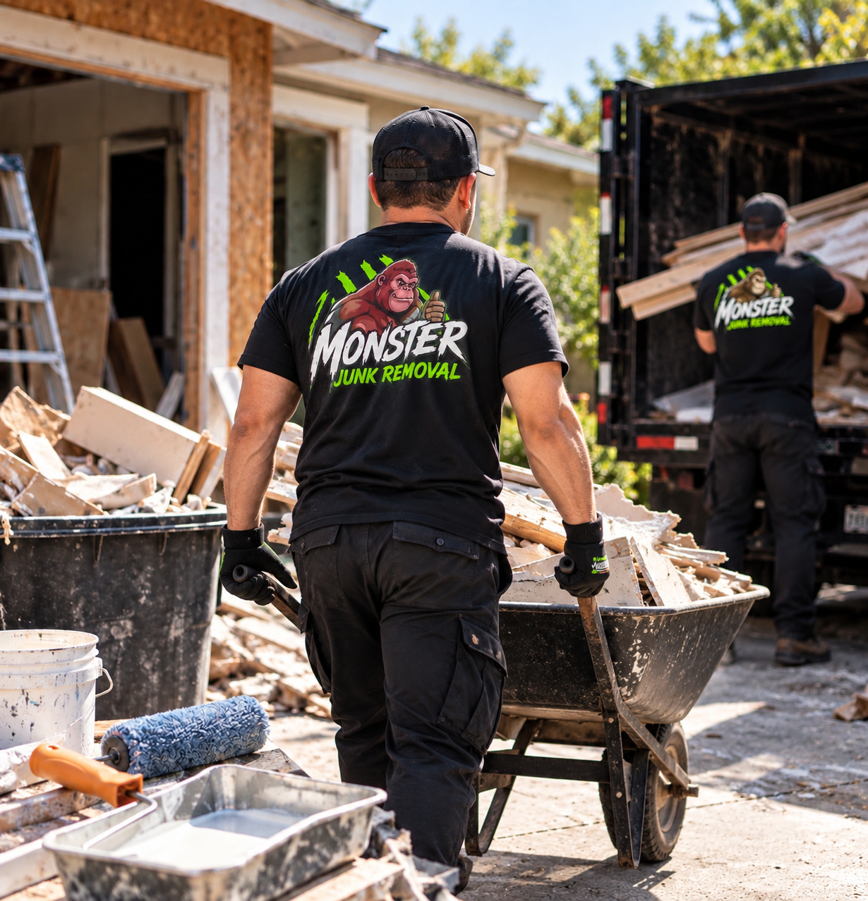 Two workers in black shirts with a cartoon monkey logo and the words 'Monster Junk Removal' are clearing debris from a house renovation site. One is pushing a wheelbarrow filled with pieces of drywall or wood, while the other is loading debris into a truck.